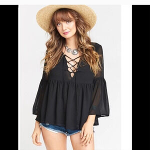 SHOW ME YOUR MUMU Poet tie Boho 3/4 Sleeves top sheer black. Size XS